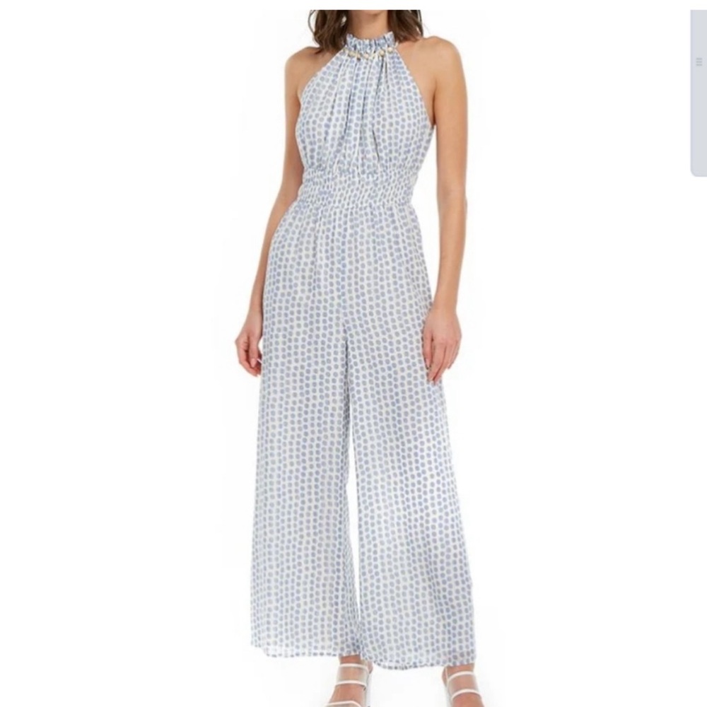 Women’s Moon River Blue Halter Neck Wide Leg Polka dot Jumpsuit New With Tags
